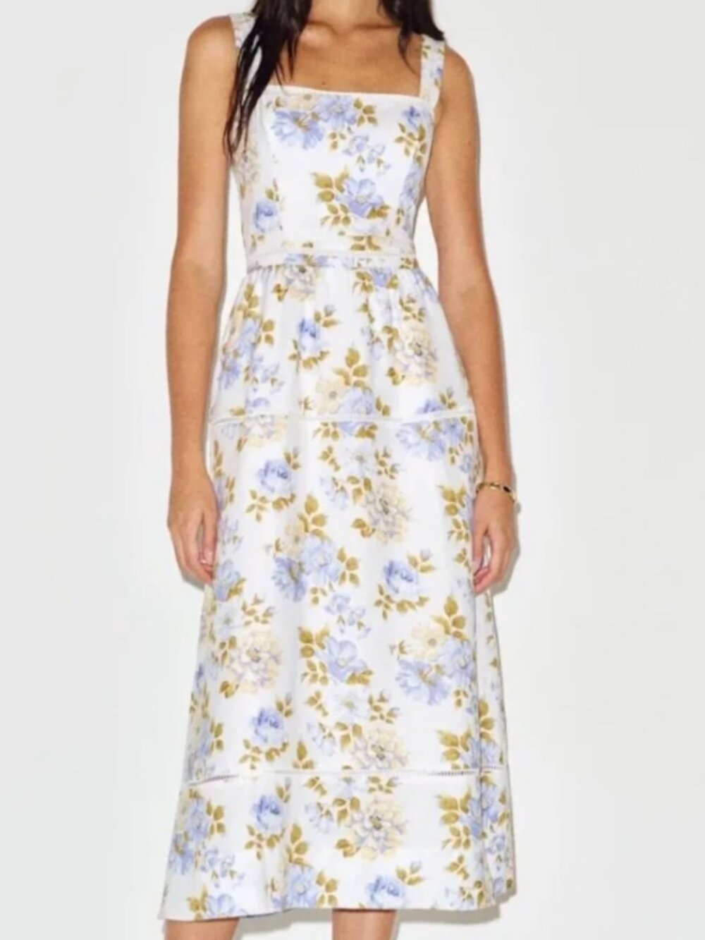NWT REFORMATION Everett 100% Linen Midi Dress 12 Floral Blue Romantic, Smocked